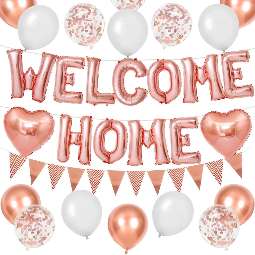 Adorely Rose Gold Welcome Home Balloon Banner Set - Foil Banner, Heart Balloons, Confetti Balloons for Baby Shower Housewarming