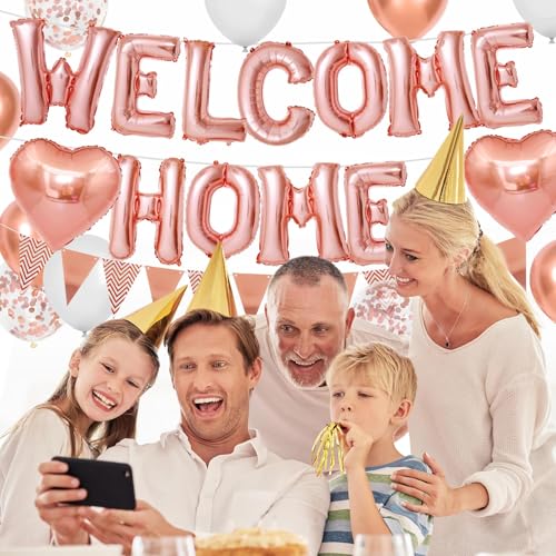 Adorely Rose Gold Welcome Home Balloon Banner Set - Foil Banner, Heart Balloons, Confetti Balloons for Baby Shower Housewarming