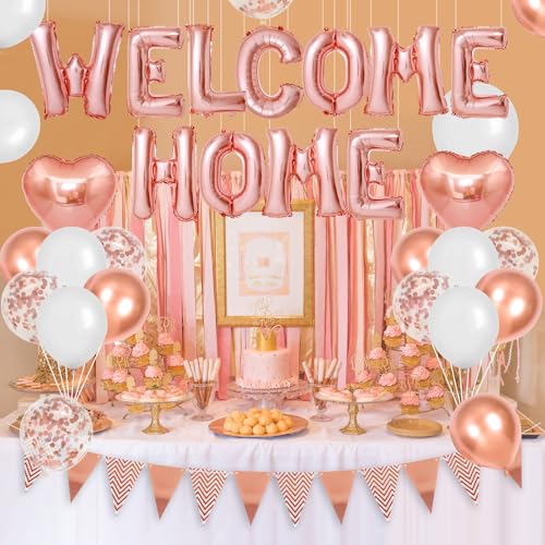 Adorely Rose Gold Welcome Home Balloon Banner Set - Foil Banner, Heart Balloons, Confetti Balloons for Baby Shower Housewarming