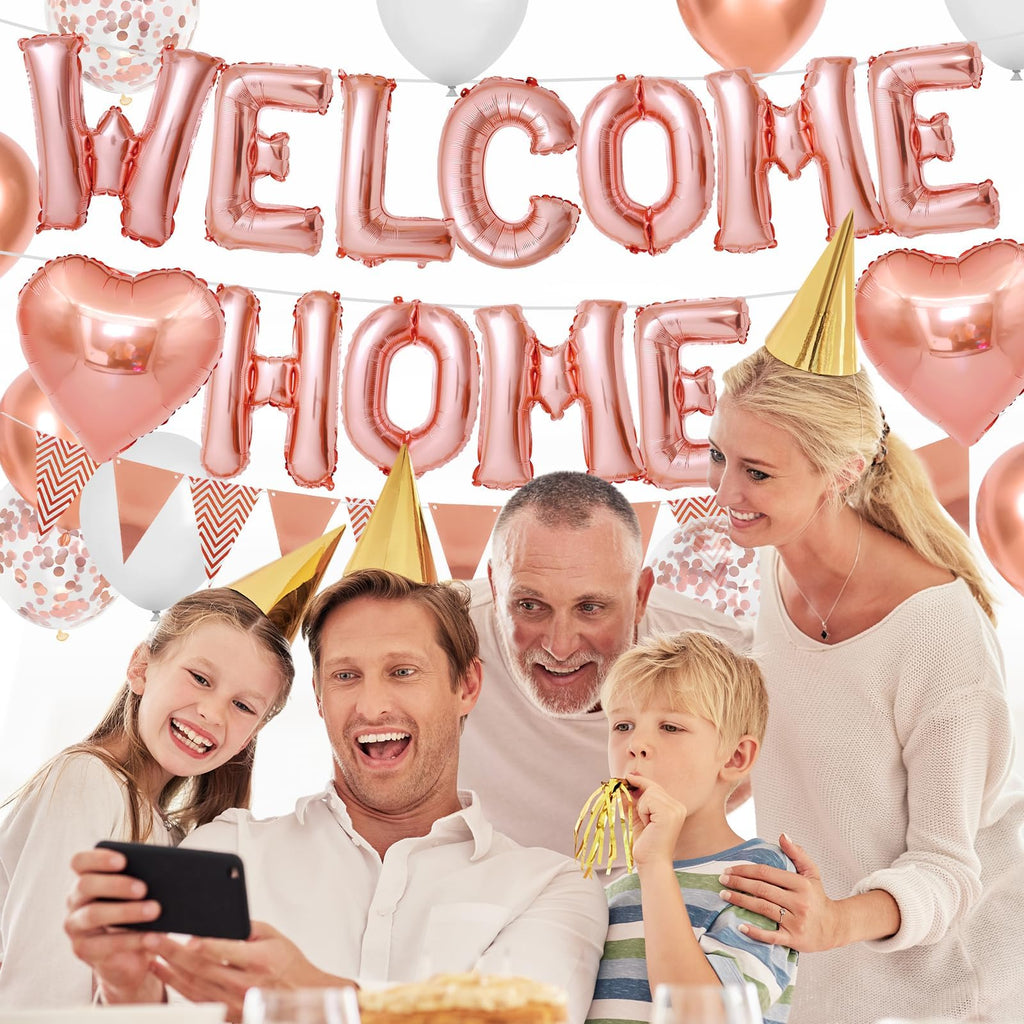 Adorely Rose Gold Welcome Home Balloon Banner Set - Foil Banner, Heart Balloons, Confetti Balloons for Baby Shower Housewarming