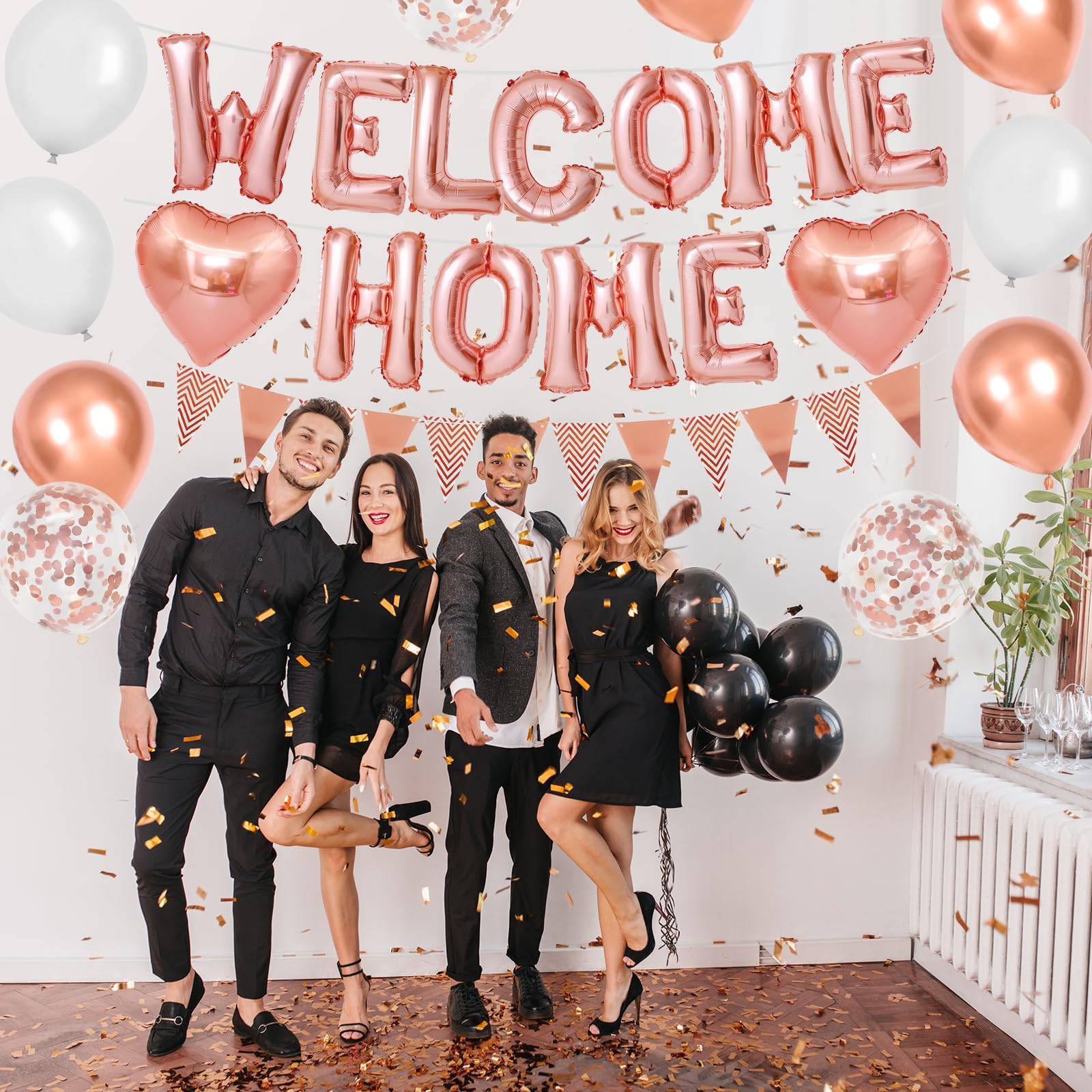 Adorely Rose Gold Welcome Home Balloon Banner Set - Foil Banner, Heart Balloons, Confetti Balloons for Baby Shower Housewarming