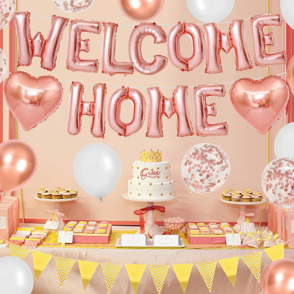 Adorely Rose Gold Welcome Home Balloon Banner Set - Foil Banner, Heart Balloons, Confetti Balloons for Baby Shower Housewarming