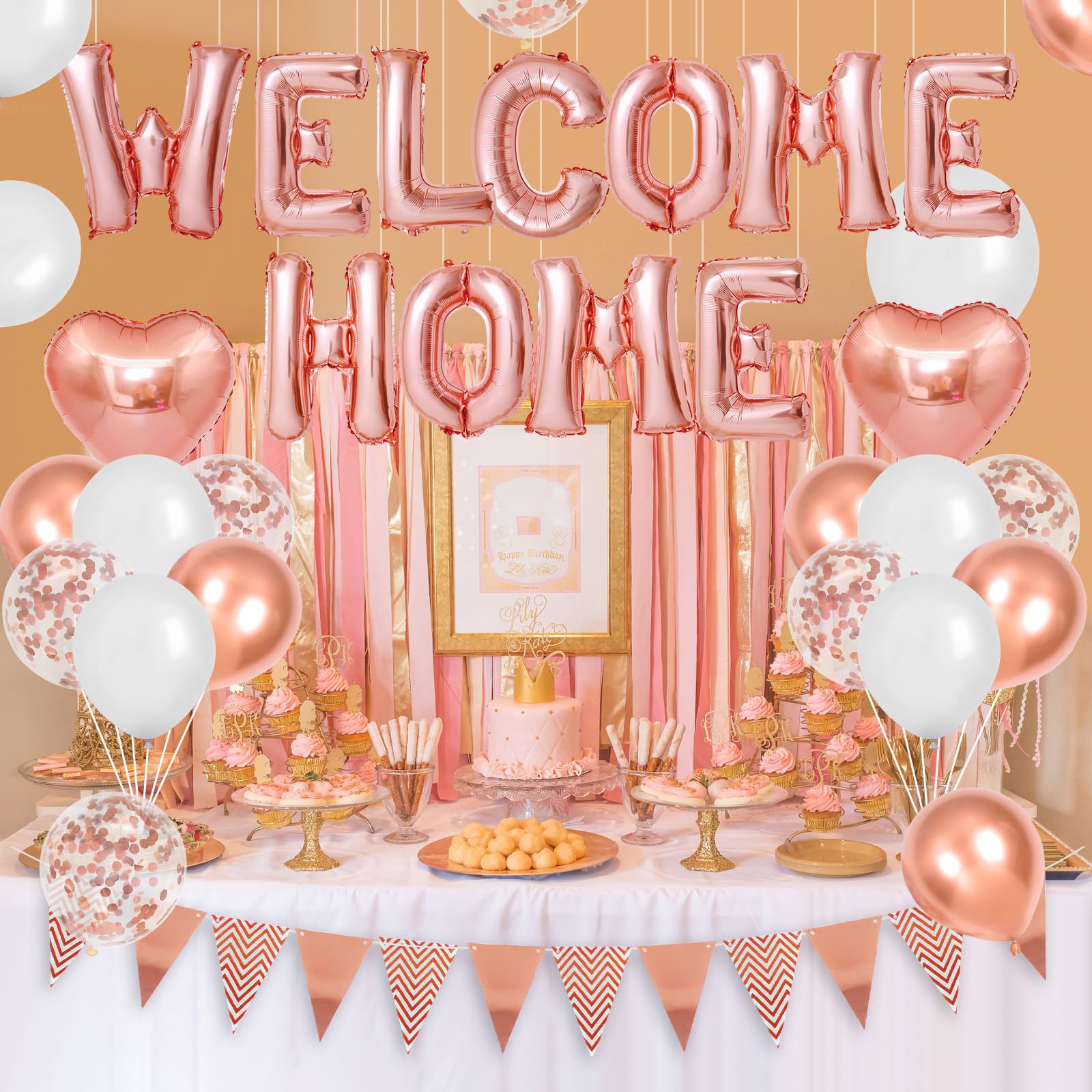 Adorely Rose Gold Welcome Home Balloon Banner Set - Foil Banner, Heart Balloons, Confetti Balloons for Baby Shower Housewarming