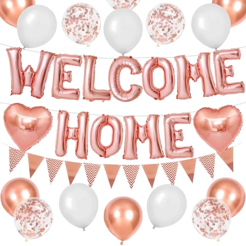 Adorely Rose Gold Welcome Home Balloon Banner Set - Foil Banner, Heart Balloons, Confetti Balloons for Baby Shower Housewarming