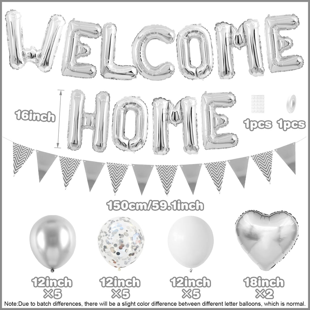 Adorely Silver Welcome Home Balloon Set with Foil Banner, Heart Balloons & Confetti – Housewarming Party Supplies