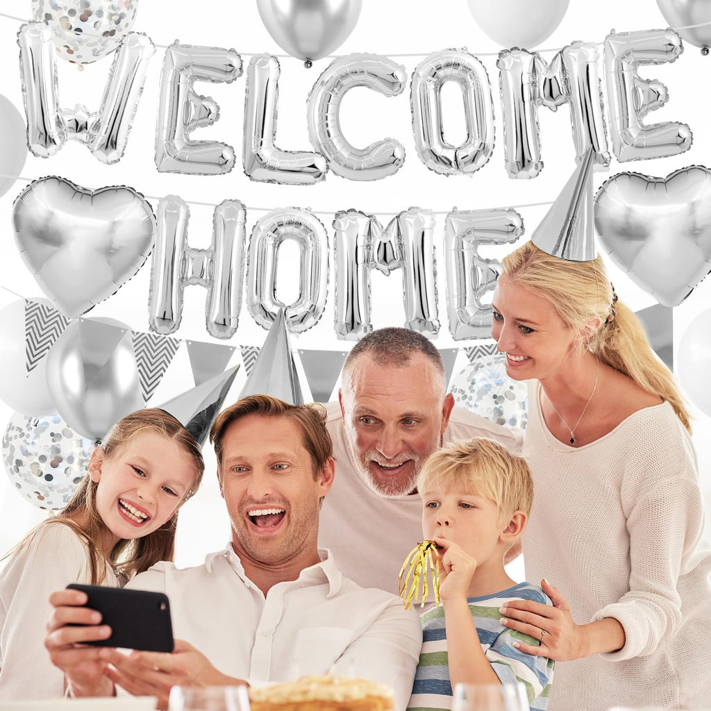 Adorely Silver Welcome Home Balloon Set with Foil Banner, Heart Balloons & Confetti – Housewarming Party Supplies