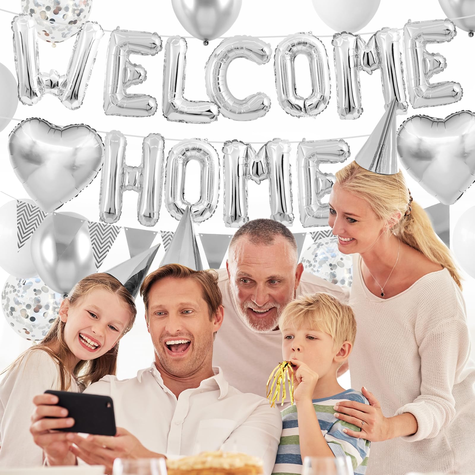 Adorely Silver Welcome Home Balloon Set with Foil Banner, Heart Balloons & Confetti – Housewarming Party Supplies