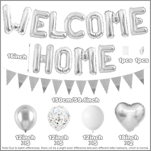 Adorely Silver Welcome Home Balloon Set with Foil Banner, Heart Balloons & Confetti – Housewarming Party Supplies