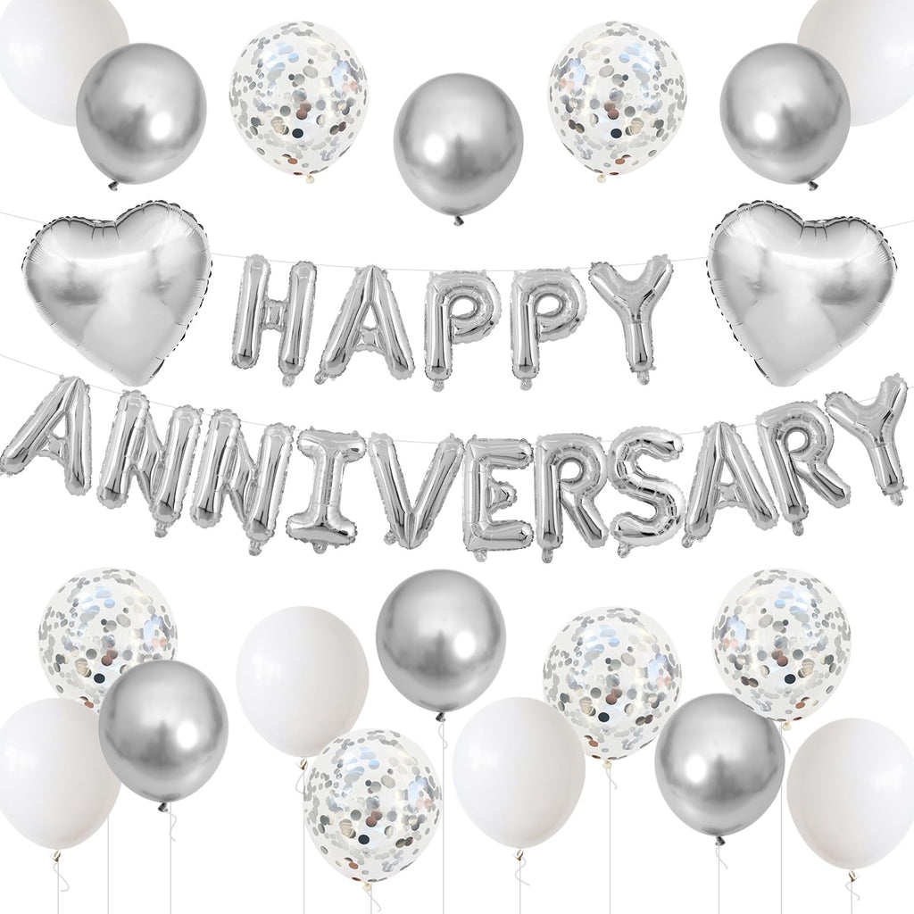 Adorely Silver & White Anniversary Balloon Set – 14-Piece Foil & Latex Decor with HAPPY ANNIVERSARY Banner