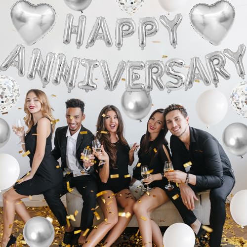 Adorely Silver & White Anniversary Balloon Set – 14-Piece Foil & Latex Decor with HAPPY ANNIVERSARY Banner