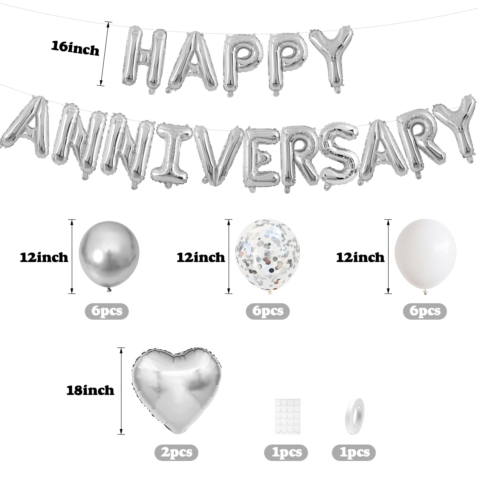 Adorely Silver & White Anniversary Balloon Set – 14-Piece Foil & Latex Decor with HAPPY ANNIVERSARY Banner