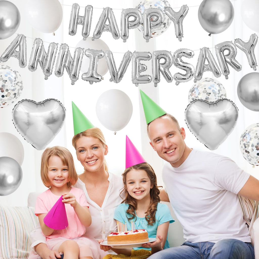 Adorely Silver & White Anniversary Balloon Set – 14-Piece Foil & Latex Decor with HAPPY ANNIVERSARY Banner