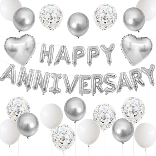 Adorely Silver & White Anniversary Balloon Set – 14-Piece Foil & Latex Decor with HAPPY ANNIVERSARY Banner
