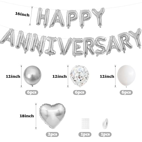 Adorely Silver & White Anniversary Balloon Set – 14-Piece Foil & Latex Decor with HAPPY ANNIVERSARY Banner