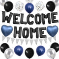 Adorely Welcome Home Balloon Set – Black Foil Banner, Navy Blue Heart Balloons & Silver Confetti Latex Balloons for Housewarming Baby Shower