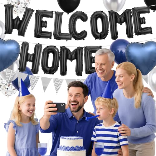 Adorely Welcome Home Balloon Set – Black Foil Banner, Navy Blue Heart Balloons & Silver Confetti Latex Balloons for Housewarming Baby Shower