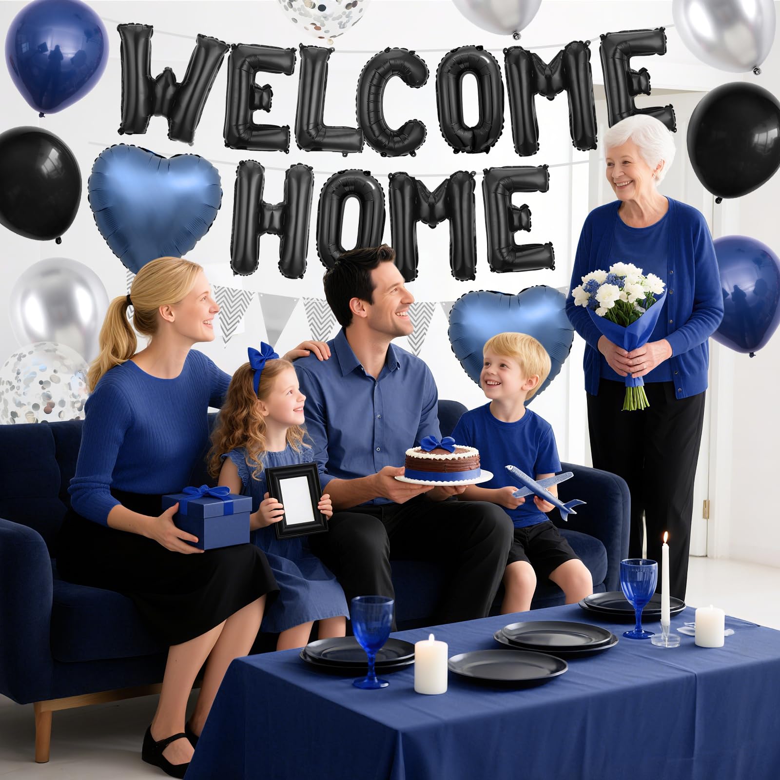 Adorely Welcome Home Balloon Set – Black Foil Banner, Navy Blue Heart Balloons & Silver Confetti Latex Balloons for Housewarming Baby Shower