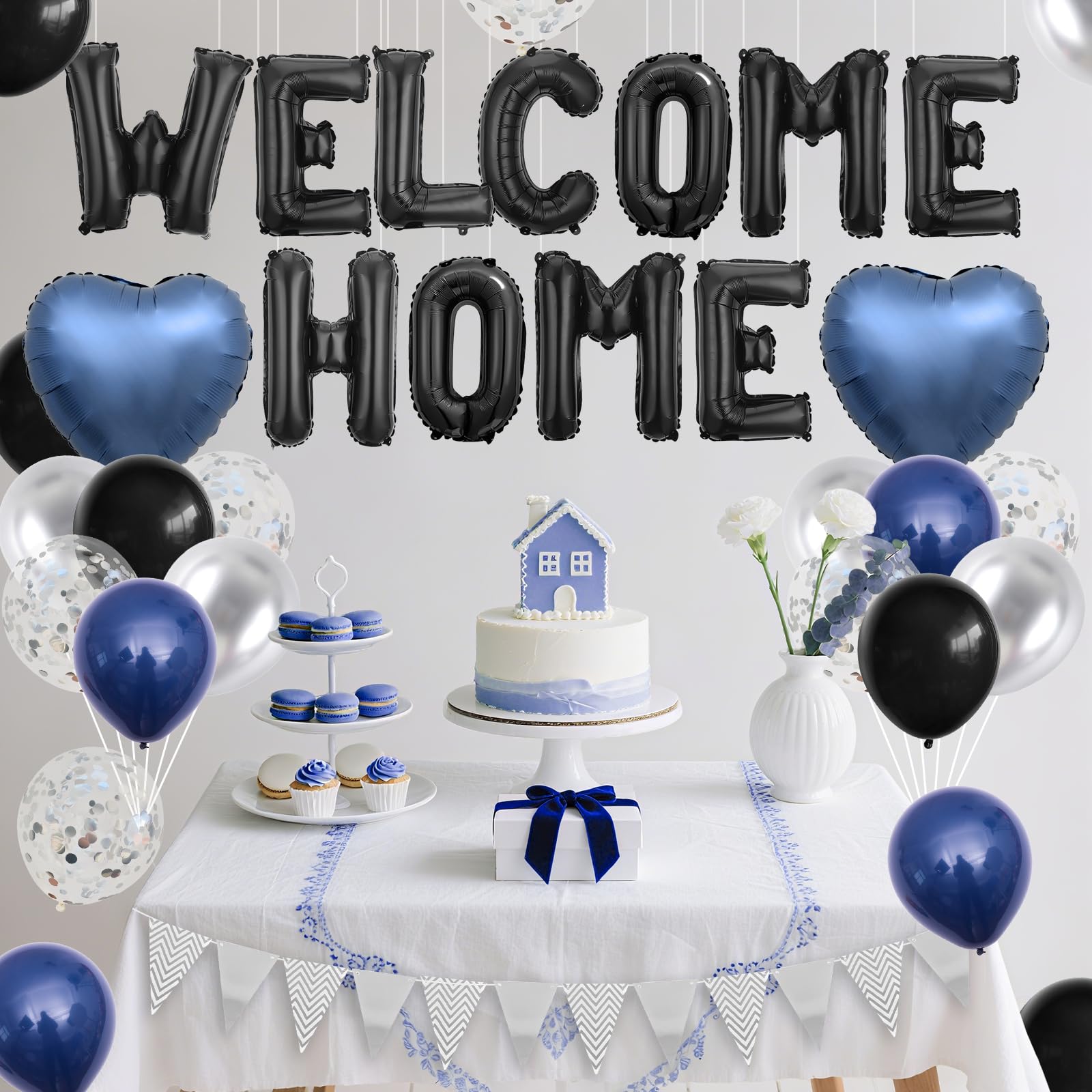 Adorely Welcome Home Balloon Set – Black Foil Banner, Navy Blue Heart Balloons & Silver Confetti Latex Balloons for Housewarming Baby Shower