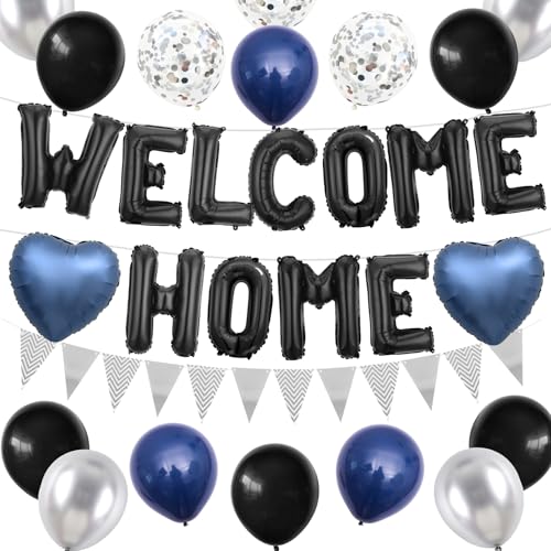 Adorely Welcome Home Balloon Set – Black Foil Banner, Navy Blue Heart Balloons & Silver Confetti Latex Balloons for Housewarming Baby Shower