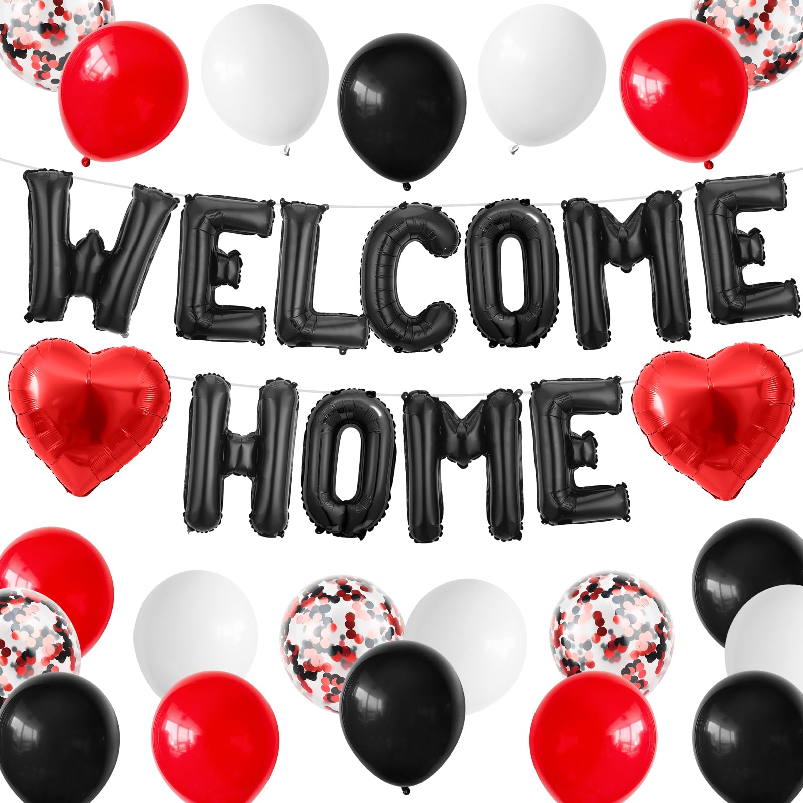 Adorely Welcome Home Balloon Set Black Red – 16in Foil Banner with Confetti & Heart Balloons for Housewarming Baby Shower