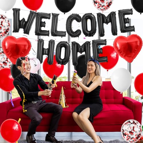 Adorely Welcome Home Balloon Set Black Red – 16in Foil Banner with Confetti & Heart Balloons for Housewarming Baby Shower