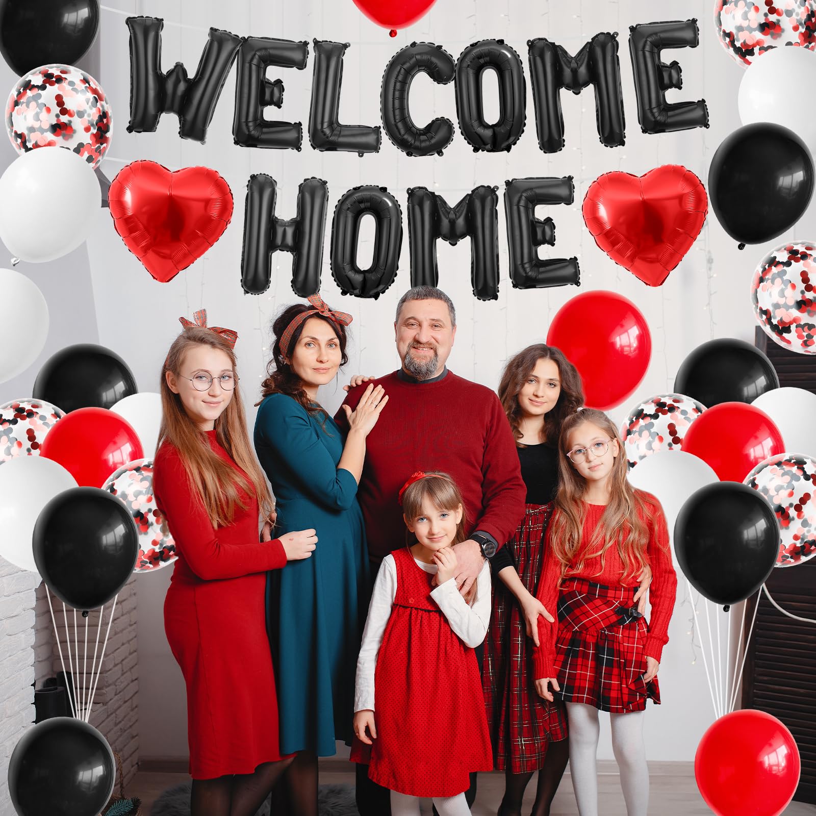 Adorely Welcome Home Balloon Set Black Red – 16in Foil Banner with Confetti & Heart Balloons for Housewarming Baby Shower