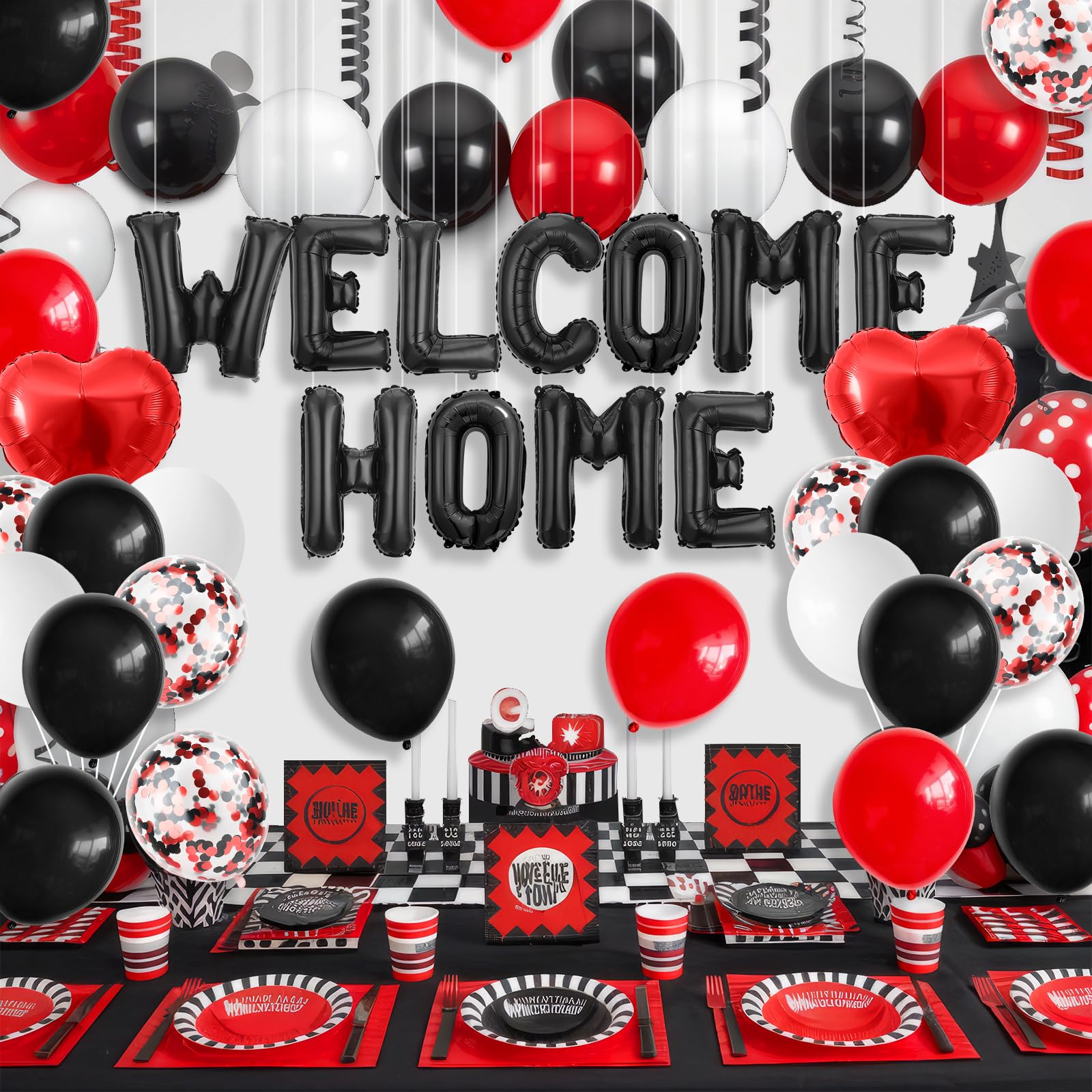 Adorely Welcome Home Balloon Set Black Red – 16in Foil Banner with Confetti & Heart Balloons for Housewarming Baby Shower