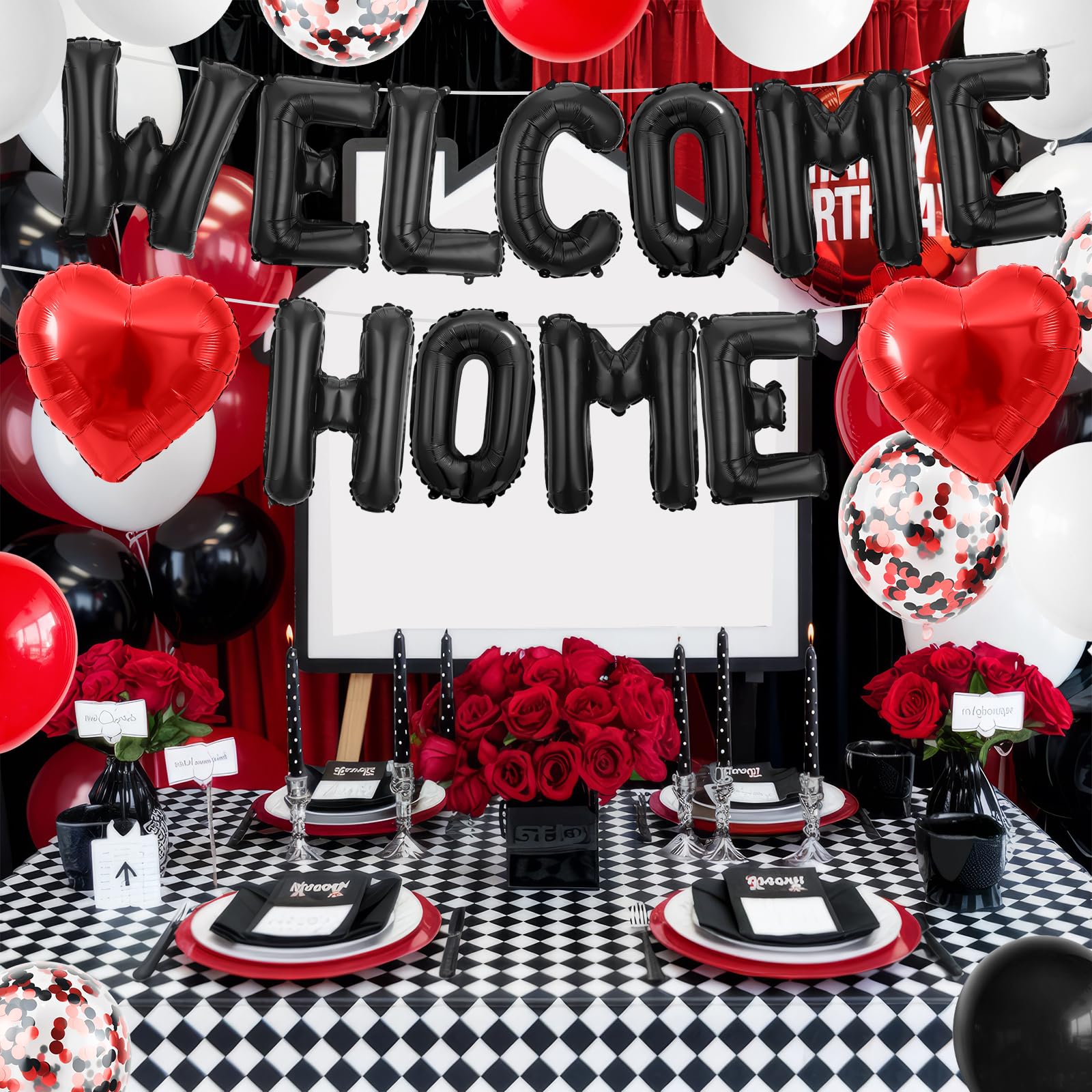 Adorely Welcome Home Balloon Set Black Red – 16in Foil Banner with Confetti & Heart Balloons for Housewarming Baby Shower