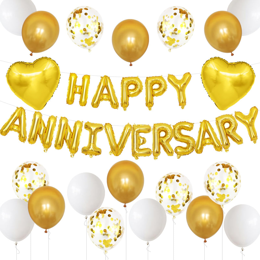 Adorely White Gold Anniversary Balloon Set - Foil Happy Anniversary Banner, Heart Balloons, Confetti, 14 Pieces
