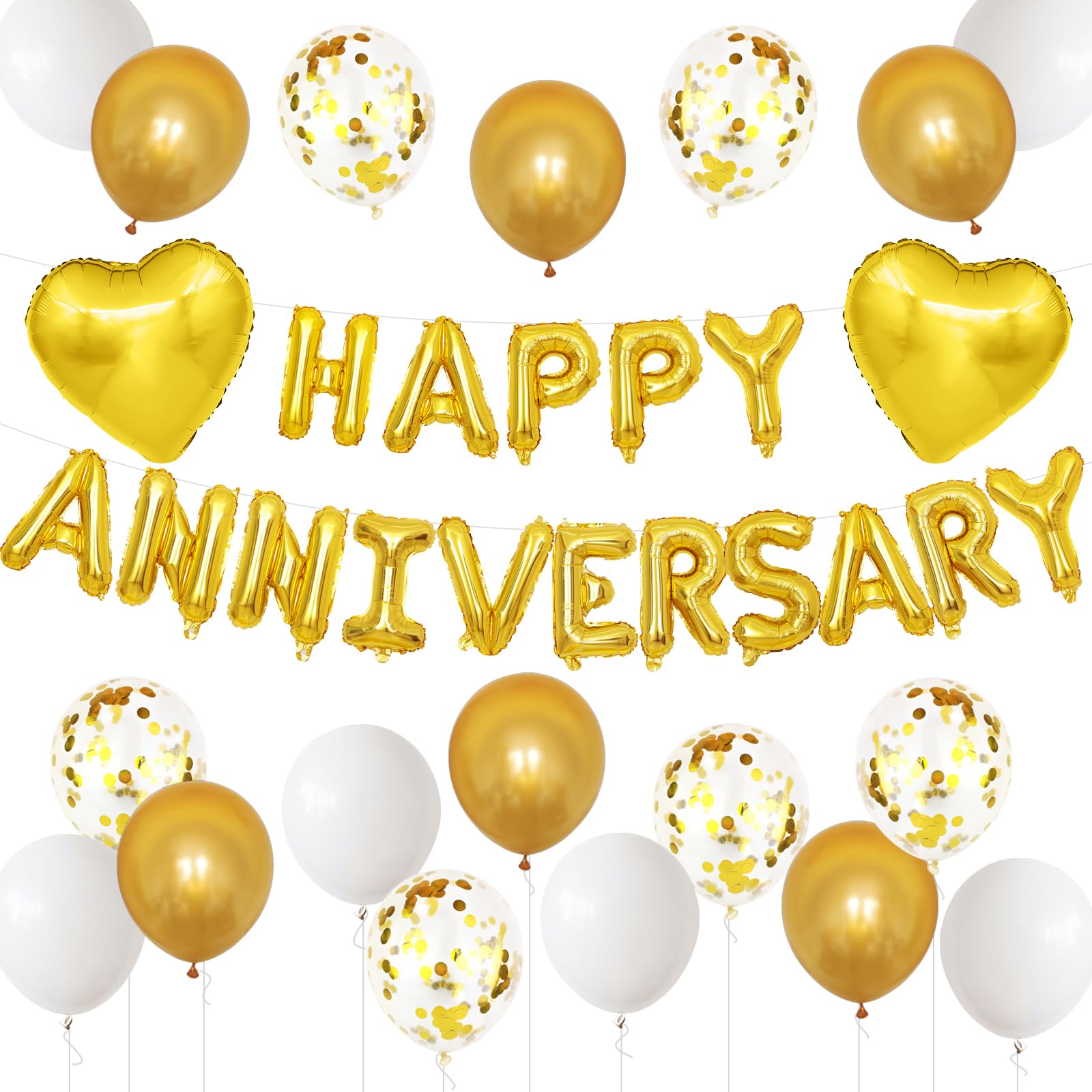 Adorely White Gold Anniversary Balloon Set - Foil Happy Anniversary Banner, Heart Balloons, Confetti, 14 Pieces