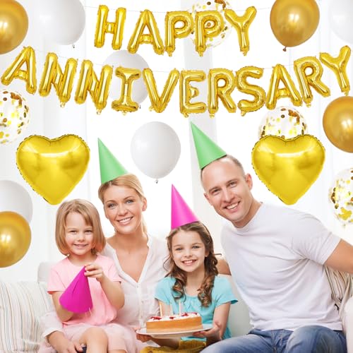 Adorely White Gold Anniversary Balloon Set - Foil Happy Anniversary Banner, Heart Balloons, Confetti, 14 Pieces