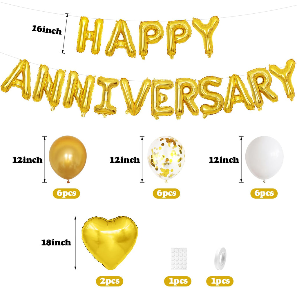 Adorely White Gold Anniversary Balloon Set - Foil Happy Anniversary Banner, Heart Balloons, Confetti, 14 Pieces