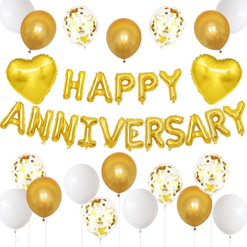 Adorely White Gold Anniversary Balloon Set - Foil Happy Anniversary Banner, Heart Balloons, Confetti, 14 Pieces