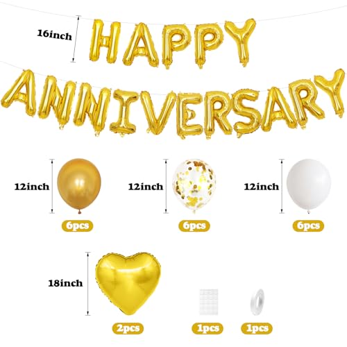 Adorely White Gold Anniversary Balloon Set - Foil Happy Anniversary Banner, Heart Balloons, Confetti, 14 Pieces