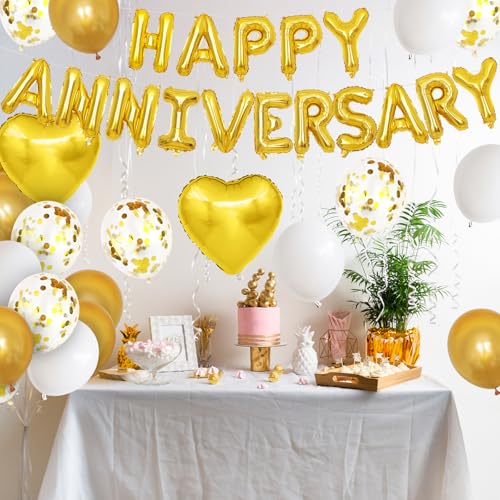 Adorely White Gold Anniversary Balloon Set - Foil Happy Anniversary Banner, Heart Balloons, Confetti, 14 Pieces