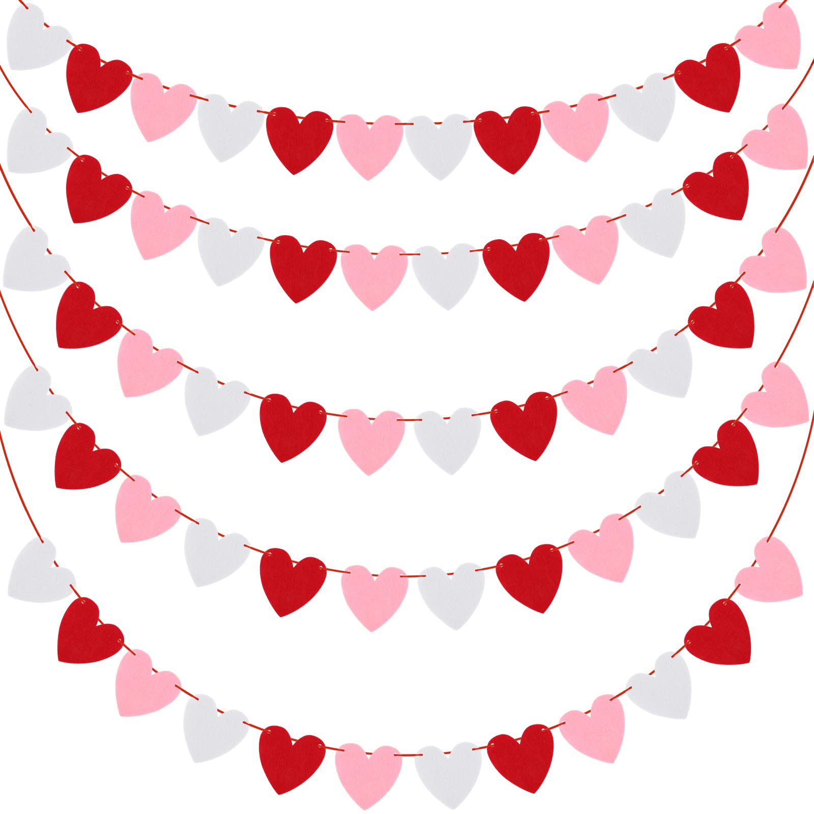 ADXCO 5-Pack Felt Heart Garland – Pre-Assembled Valentine's Day Decor with 60 Red, White, and Pink Hearts
