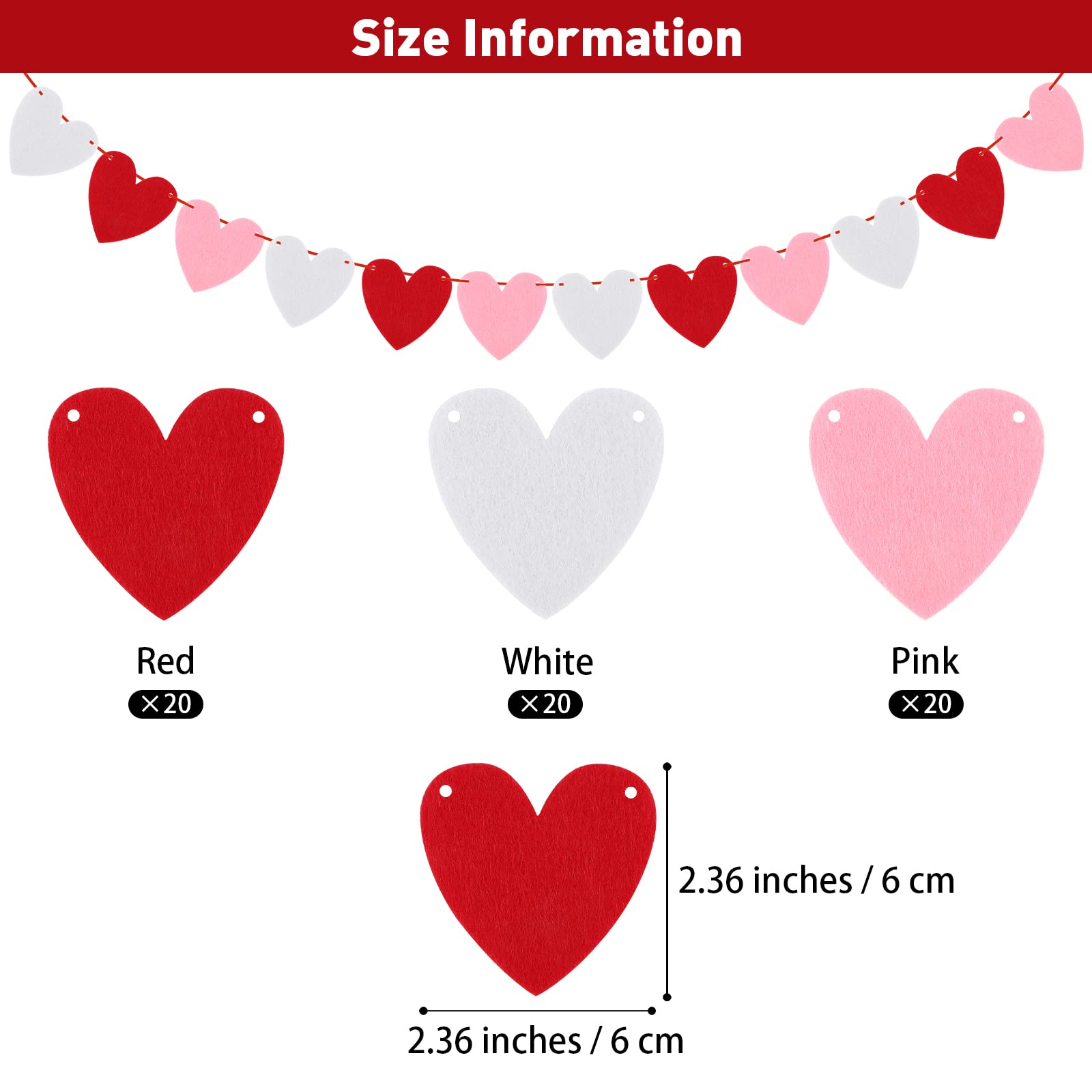ADXCO 5-Pack Felt Heart Garland – Pre-Assembled Valentine's Day Decor with 60 Red, White, and Pink Hearts