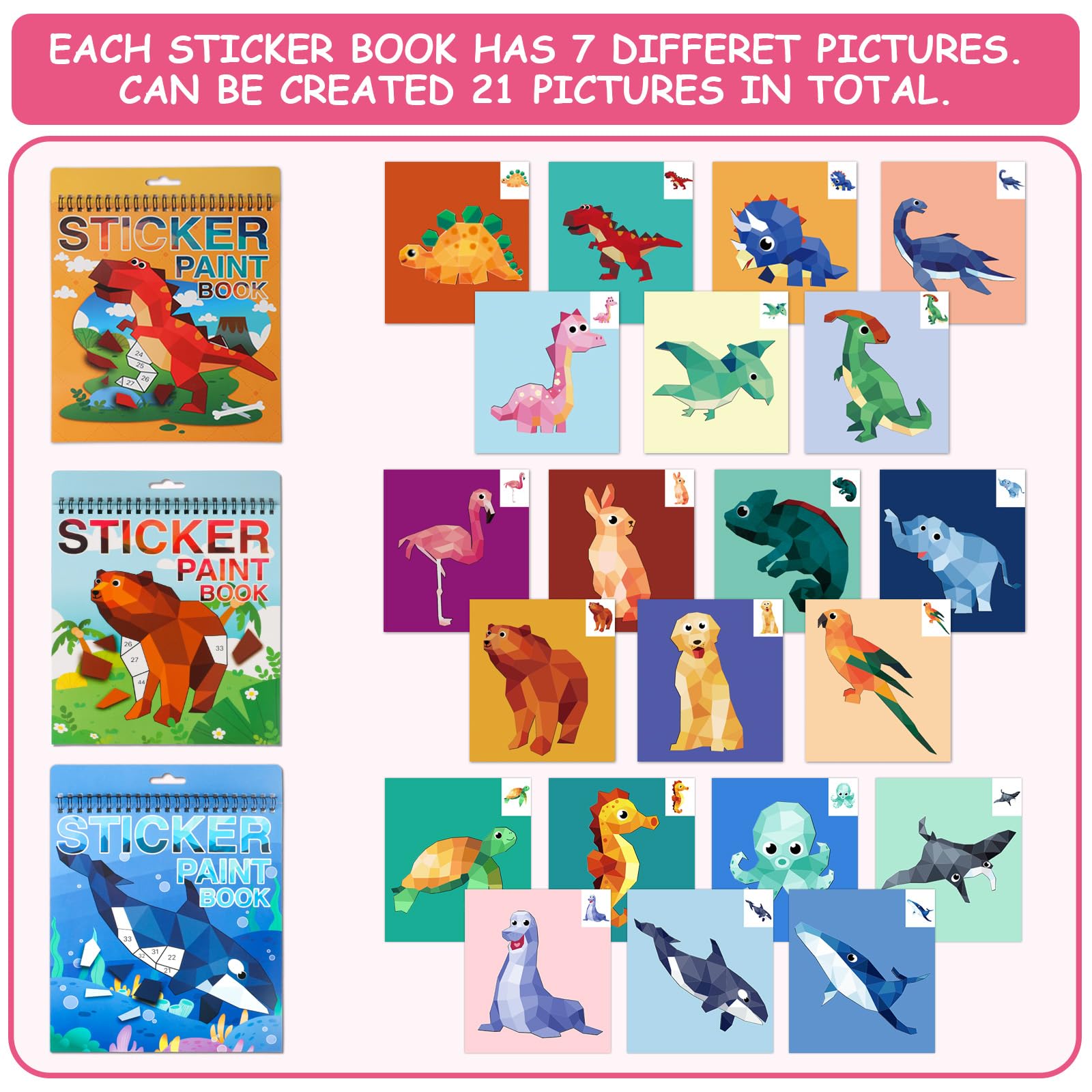 AEAHALY Paint by Sticker Books for Kids Ages 4-8 – Reusable Sticker Set with Dinosaur, Ocean, Animal, Ice Cream, and Donut Themes (3-Pack)