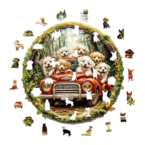Aeekdook Round Wooden Jigsaw Puzzle: 100-Piece Dog Scene with Unique Animal Shapes, 8.5x8.5 Inches
