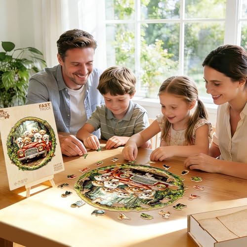 Aeekdook Round Wooden Jigsaw Puzzle: 100-Piece Dog Scene with Unique Animal Shapes, 8.5x8.5 Inches