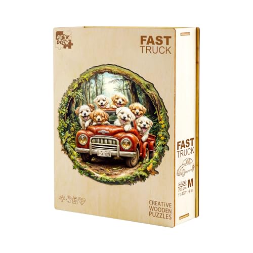 Aeekdook Round Wooden Jigsaw Puzzle: 100-Piece Dog Scene with Unique Animal Shapes, 8.5x8.5 Inches