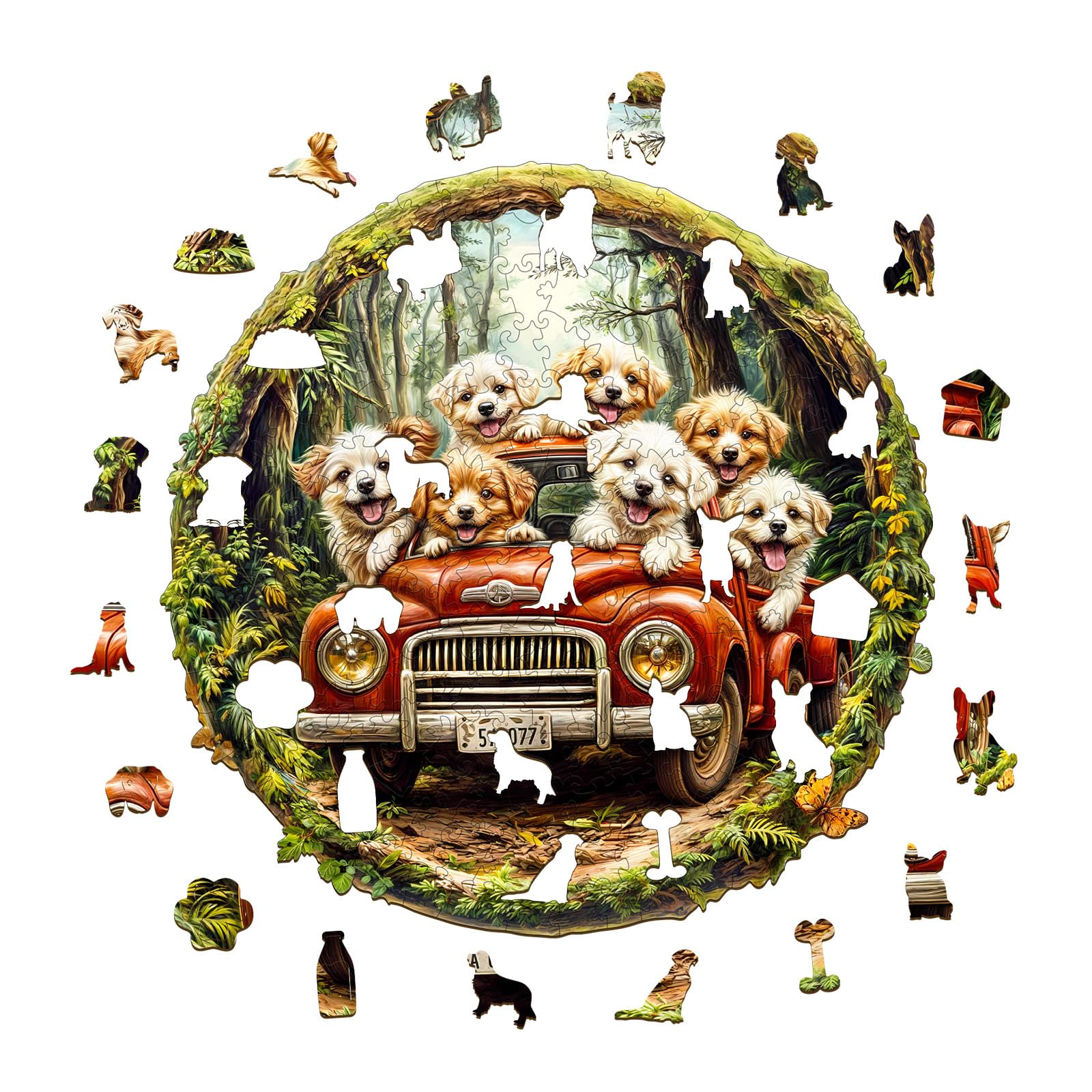 Aeekdook Round Wooden Jigsaw Puzzle: 100-Piece Dog Scene with Unique Animal Shapes, 8.5x8.5 Inches