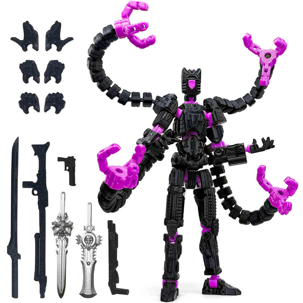 Aesinos T13 Action Figure – 3D Printed Multi-Jointed Nova 13 Robot, 5.5 Inch Black Purple, Fully Assembled with Accessories