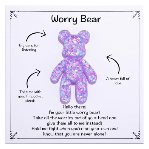 Aesnefe Pocket Bear Hug - Purple Worry Bear for Anxiety Relief with Encouraging Card