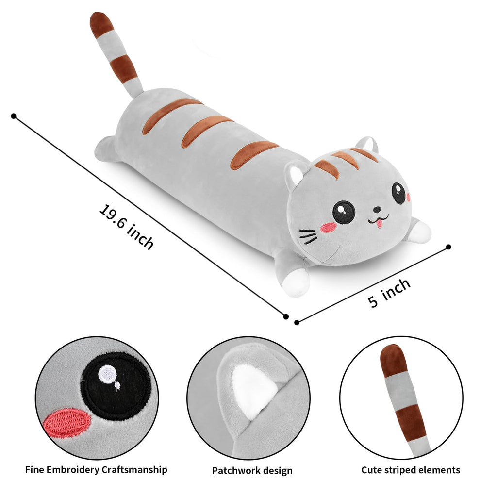 AFAN 19.6 Inch Long Cat Plush Pillow – Soft Cute Kawaii Stuffed Animal Body Pillow for Bed, Sofa, or Gift (Grey)