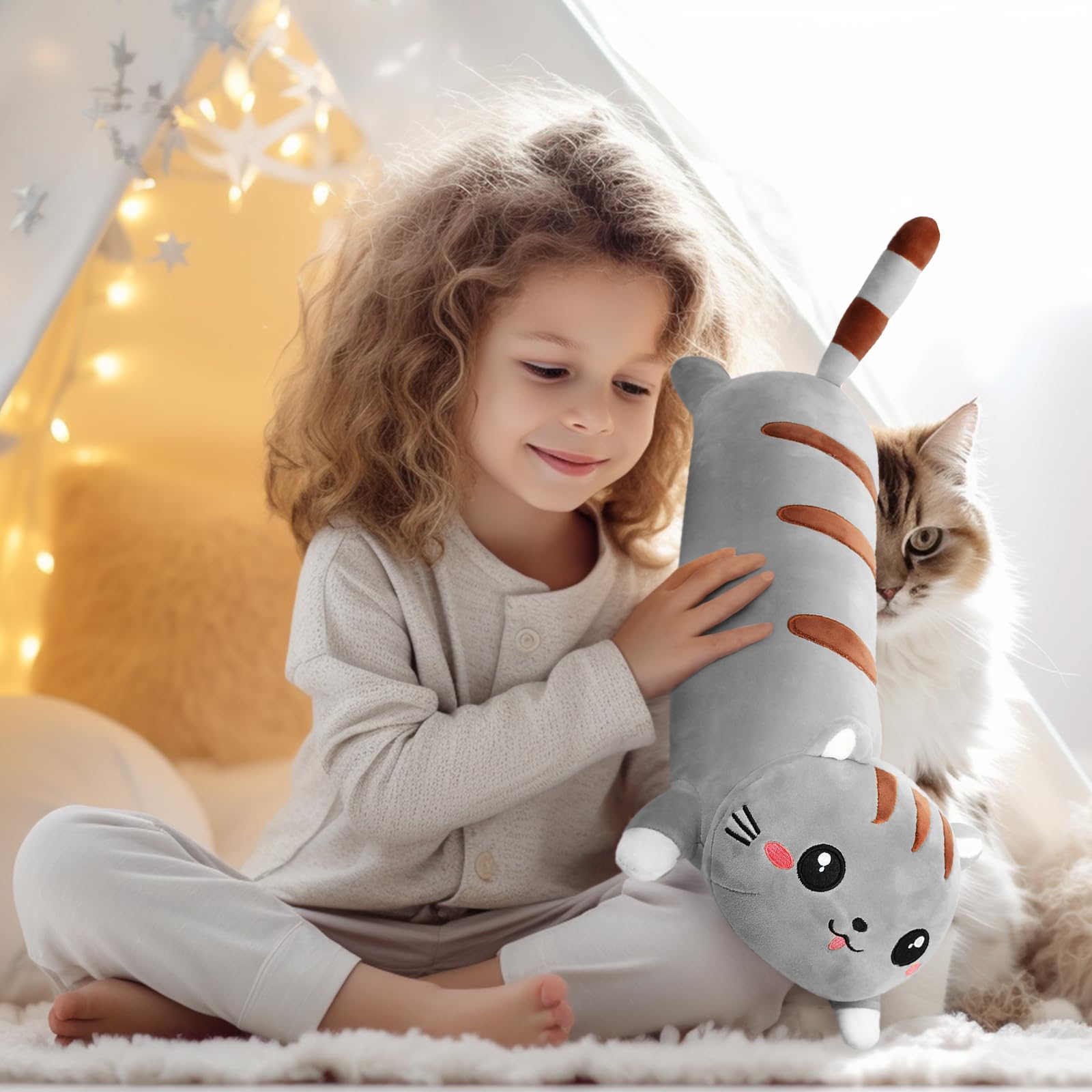 AFAN 19.6 Inch Long Cat Plush Pillow – Soft Cute Kawaii Stuffed Animal Body Pillow for Bed, Sofa, or Gift (Grey)
