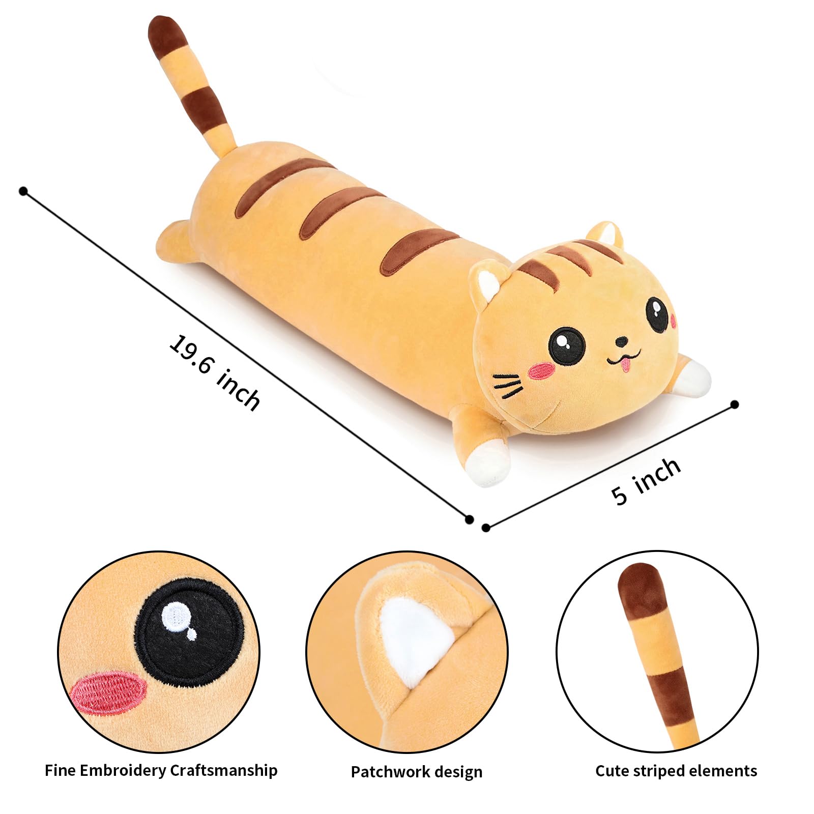 AFAN 19.6 Inch Long Cat Plush Pillow – Soft Cute Kitty Body Pillow for Cuddling, Sleeping, and Room Decor (Yellow)