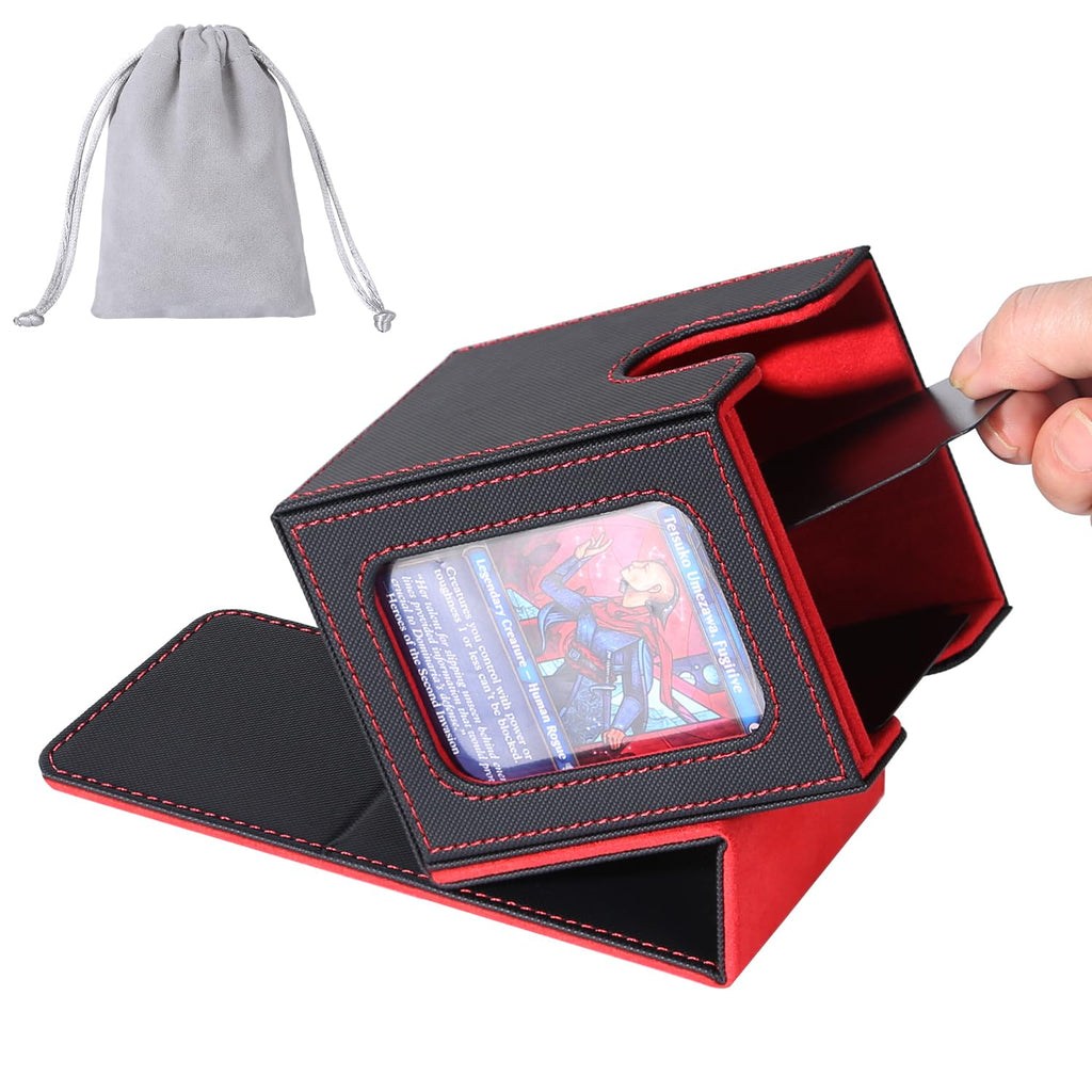 AFIING MTG Commander Deck Box for 100 Double-Sleeved Cards – Black/Red PU Leather with Window, Dividers, Drawstring Bag & Toploader