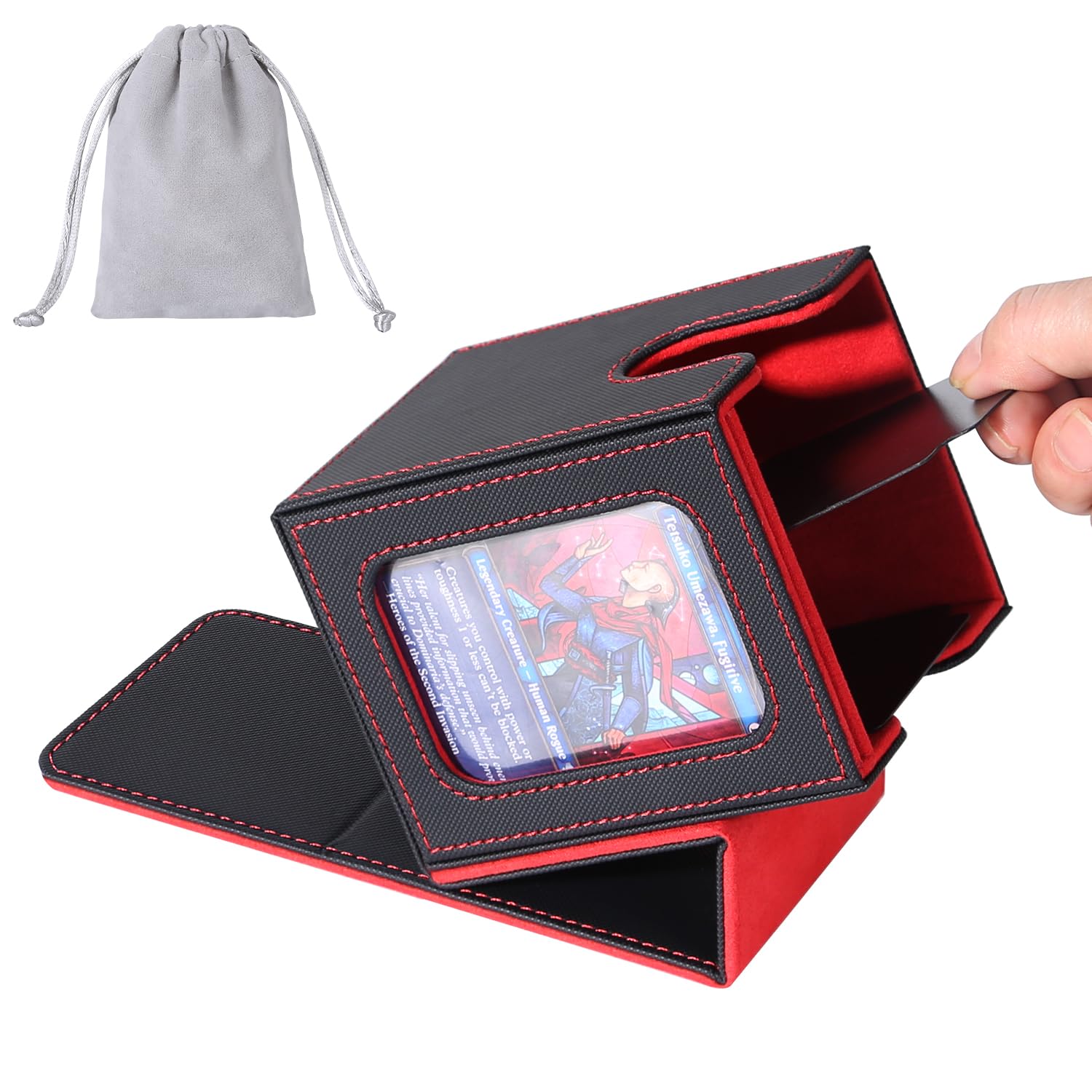 AFIING MTG Commander Deck Box for 100 Double-Sleeved Cards – Black/Red PU Leather with Window, Dividers, Drawstring Bag & Toploader