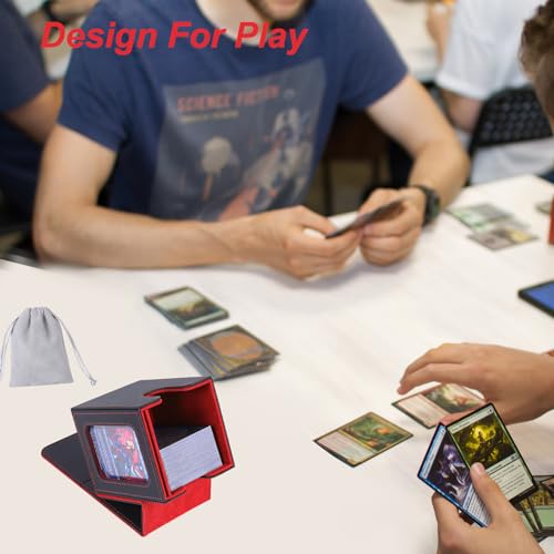 AFIING MTG Commander Deck Box for 100 Double-Sleeved Cards – Black/Red PU Leather with Window, Dividers, Drawstring Bag & Toploader